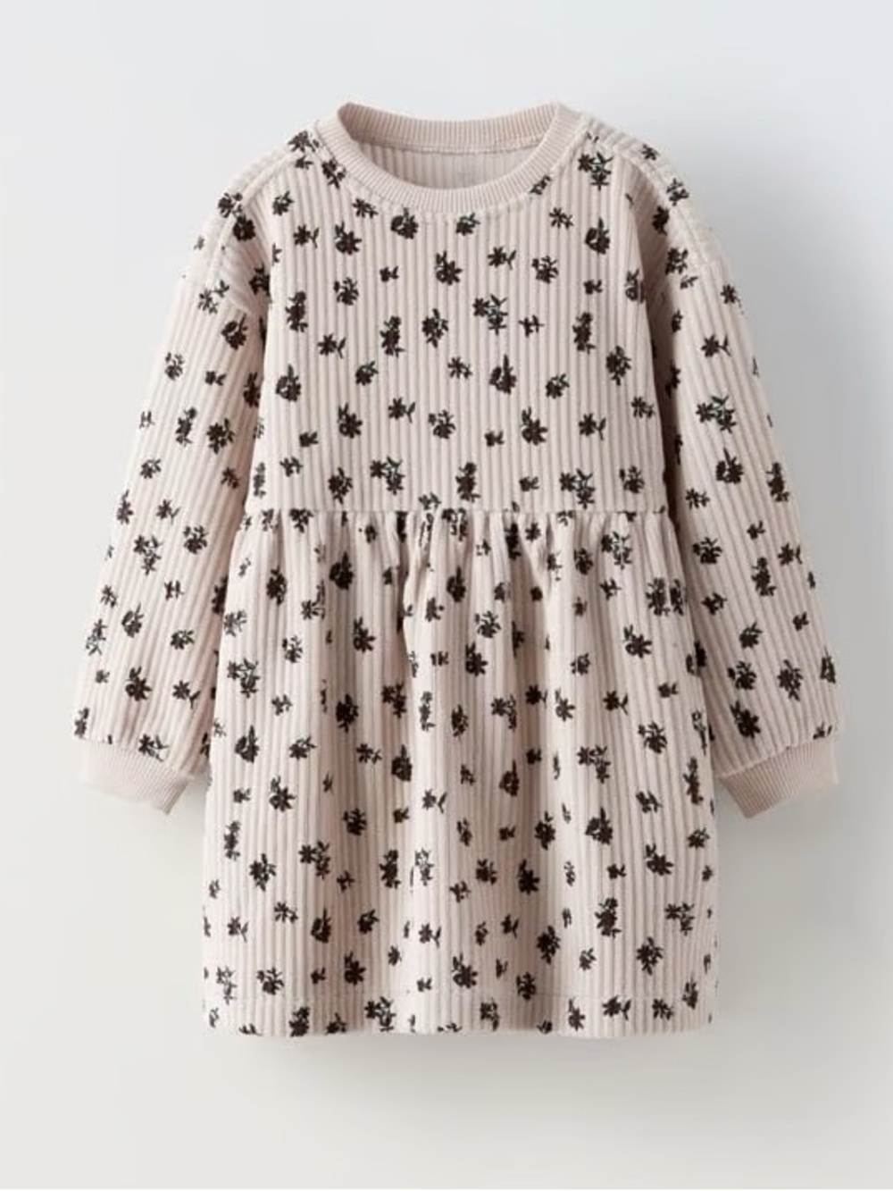 Zara Corduroy Girls' Cream Floral Ribbed Long-Sleeve Dress 3/4